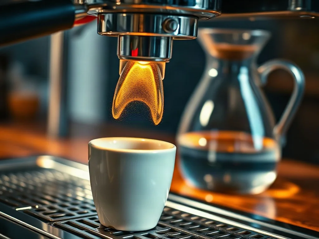 Złociste espresso wypływające z kolby ekspresu do filiżanki, obok szklanka czystej wody na drewnianym stole.