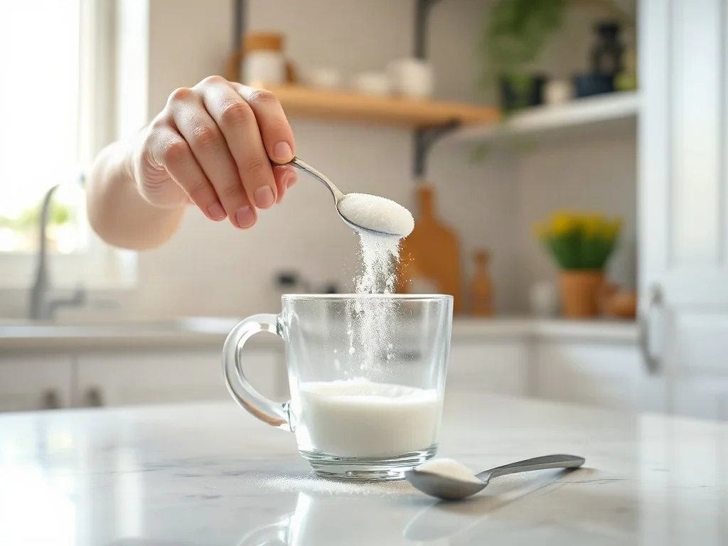 Dłonie przesypujące cukier puder ze srebrnej łyżki do szklanej miarki na jasnym blacie kuchennym.