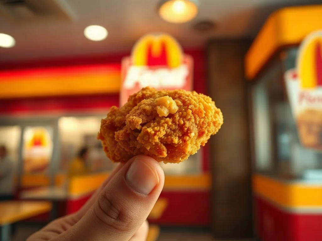 Złocisty, chrupiący nugget z kurczaka trzymany w dłoni na tle wnętrza restauracji McDonald's.