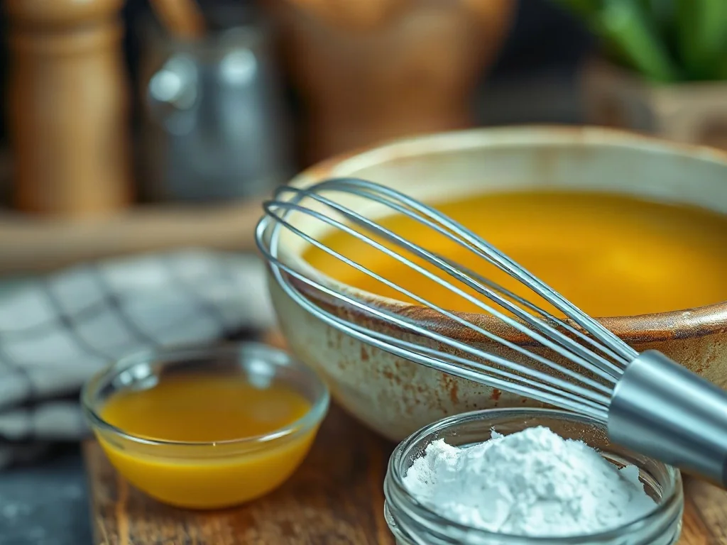 Złocisty rosół w ceramicznej misce obok naczynia z żelatyną i kuchennej trzepaczki.
