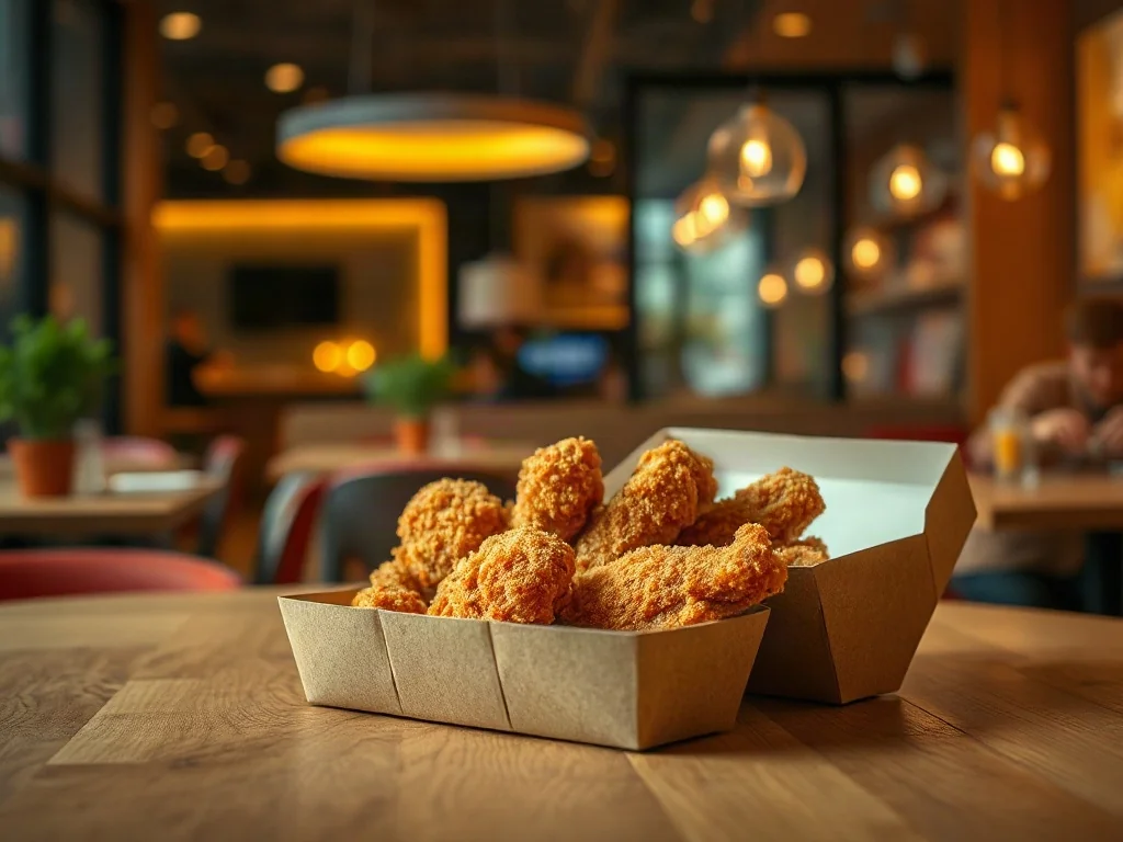 Złociste, chrupiące kawałki kurczaka z zestawu Chicken Box podane na drewnianym stole w restauracji McDonald's.