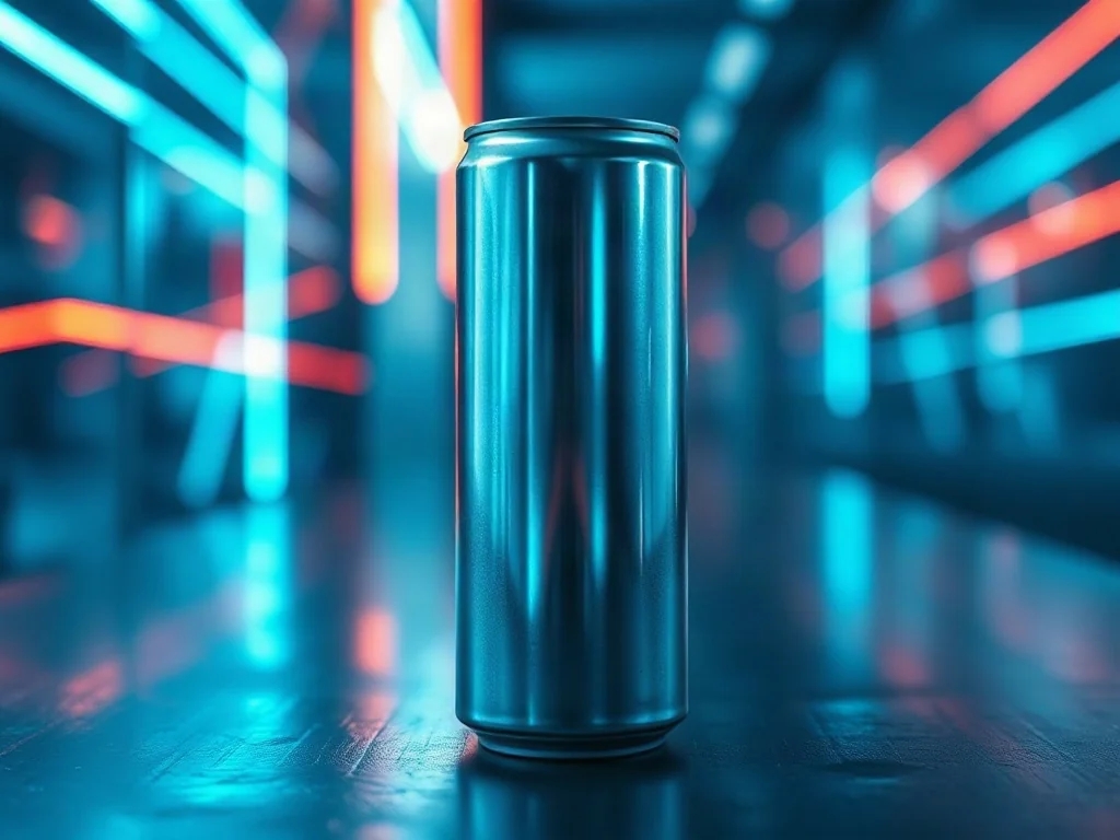 Nowoczesna puszka napoju energetycznego na ciemnym tle z dynamicznymi neonowymi liniami podkreślającymi energię.