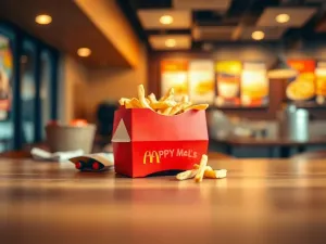 Złocisty, chrupiący nugget z kurczaka trzymany w dłoni na tle wnętrza restauracji McDonald's.