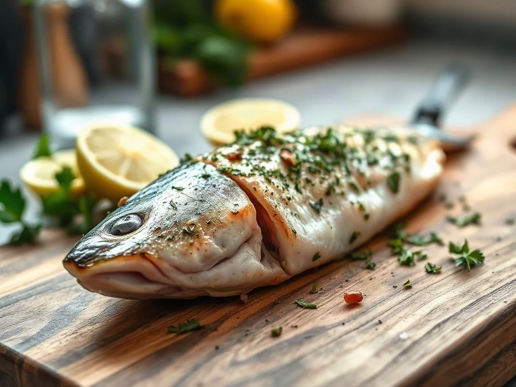 Świeży filet z morszczuka z ziołami na drewnianej desce, przygotowany do przyrządzenia w kuchennej scenerii.